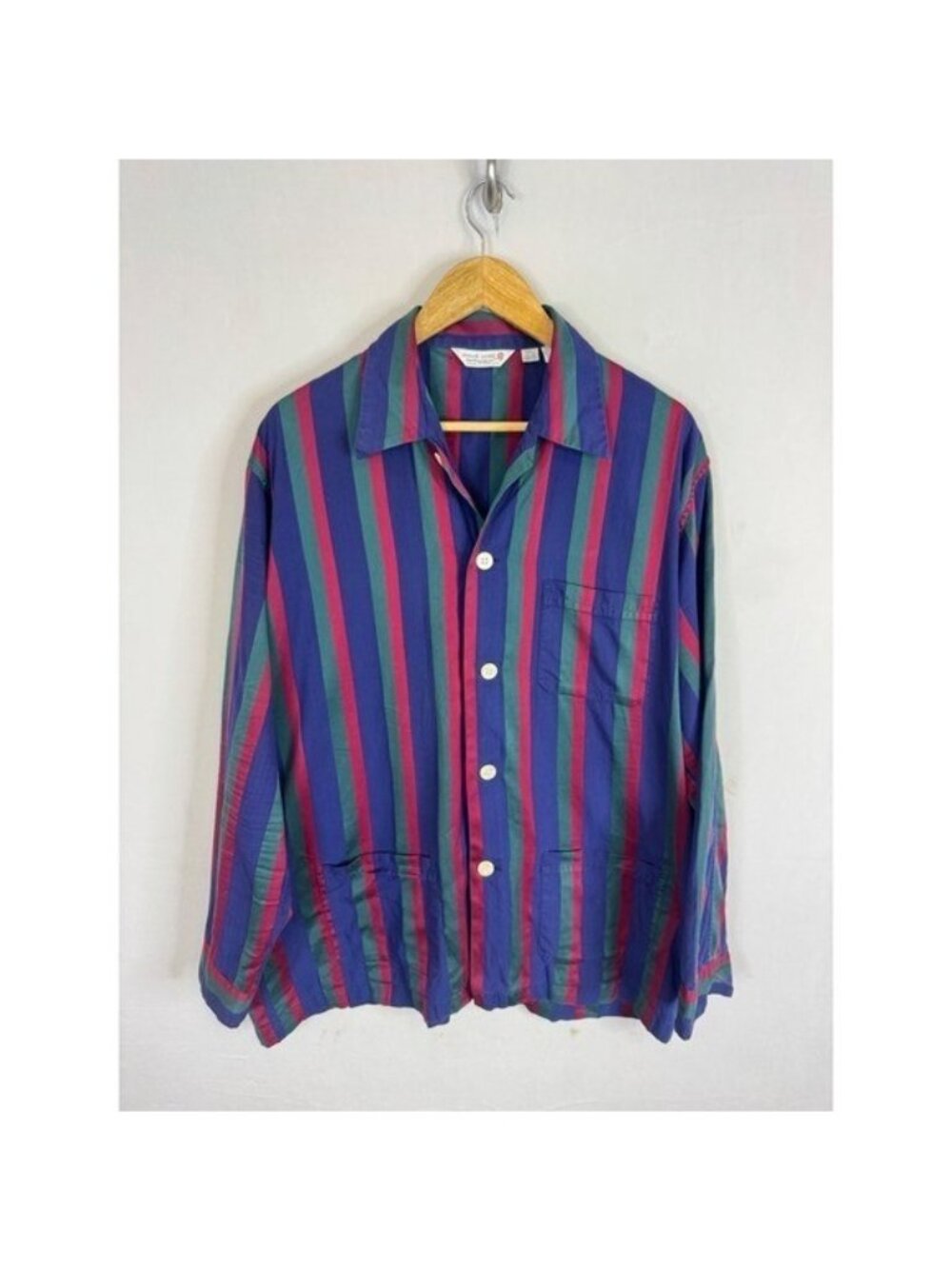Derek Rose Mens Pajama Top Large Made in England Cotton Striped Blue Green Red